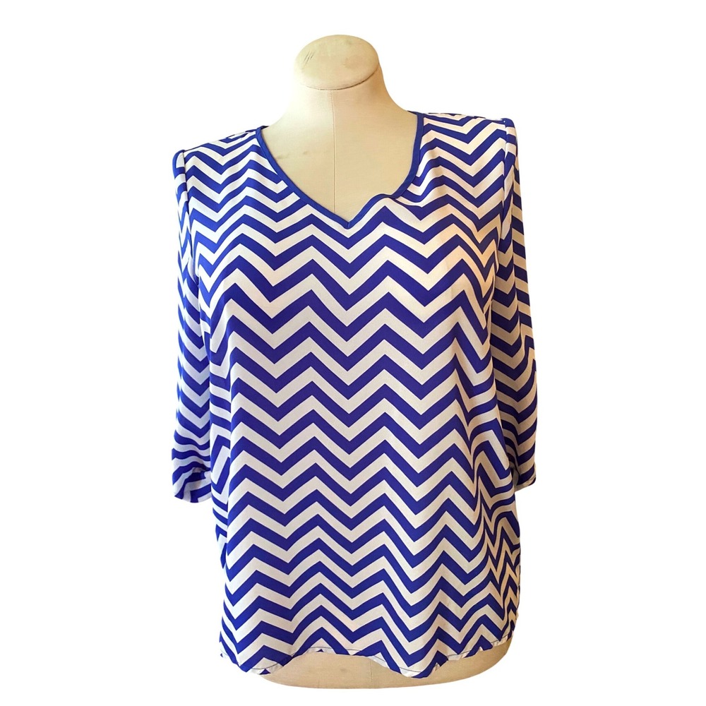 Kiara Women Blue White Chevron Zig Zag V-Neck Roll Tab Sleeve Blouse‎ Size M